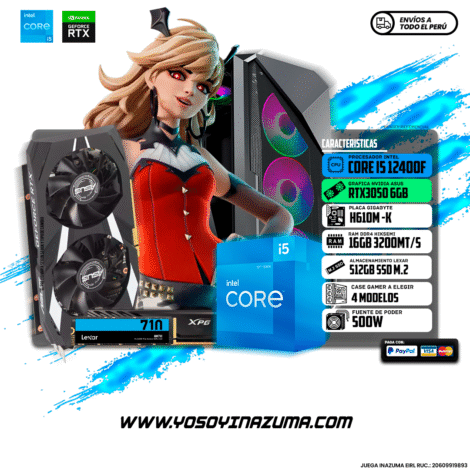 INTEL CORE I5 12400F (6 NUCLEOS) RTX3050 6GB ASUS DUAL H610M K DDR4 GIGABYTE 512GB SSD M2 LEXAR 16GB DDR4 3200MHZ ARMOR CASE HALION RAGNAROK PSU 550W