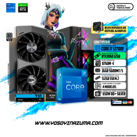 INTEL CORE I7 12700KF (12 NUCLEOS) DISIPADOR DEEPCOOL AG400PLUS RTX3060 12GB ZOTAC B760M E DDR5 GIGABYTE 512GB SSD M2 LEXAR 16GB DDR5 5600MHZ XPG LANCER 650W 80+ BRONCE IFORGAME CASE ANTEC AX20 ELIT