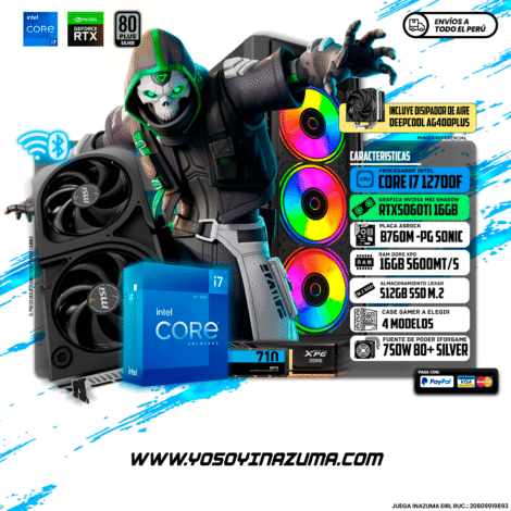 INTEL CORE I7 12700KF (12 NUCLEOS) DISIPADOR DEEPCOOL AG400PLUS RTX5060TI 16GB MSI SHADOW X2 B760M E DDR5 GIGABYTE 512GB SSD M2 LEXAR 16GB DDR5 5600MHZ XPG LANCER 650W 80+ BRONCE IFORGAME CASE ANTEC