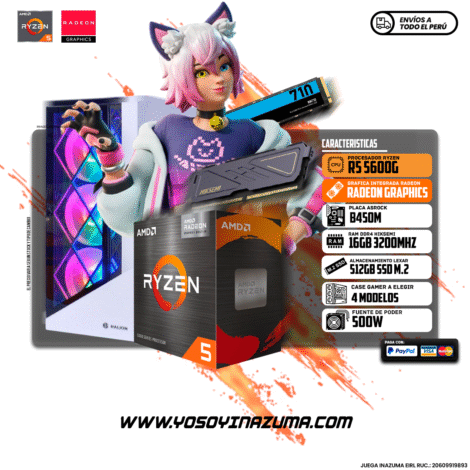 RYZEN 5 5600GT (6 NUCLEOS) B450 ASROCK 512GB SSD M2 LEXAR 16GB DDR4 3200MHZ ARMOR CASE HALION RAGNAROK PSU 550W