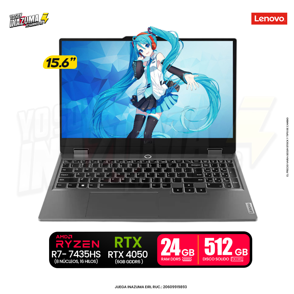 LAPTOP LENOVO LOQ 15ARP9 AMD RYZEN 7 7435HS ( 83JC008GLM ) RAM 24GB | SSD 512GB | RTX 4050 6GB | 15.6" FHD