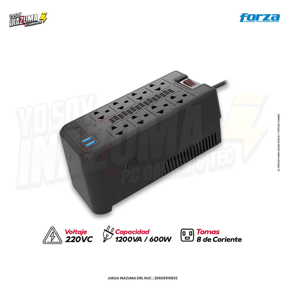 Estabilizador Forza FVR-1222USB (8 tomas / 1200 VA / 600 W)