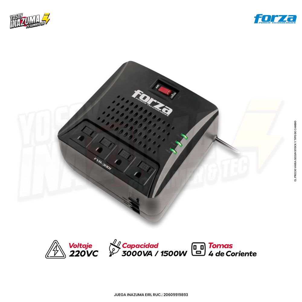 ESTABILIZADOR FORZA FVR-3002 – 3000 VA / 1500 W con 4 Tomas y Regulador Automático de Voltaje (AVR)