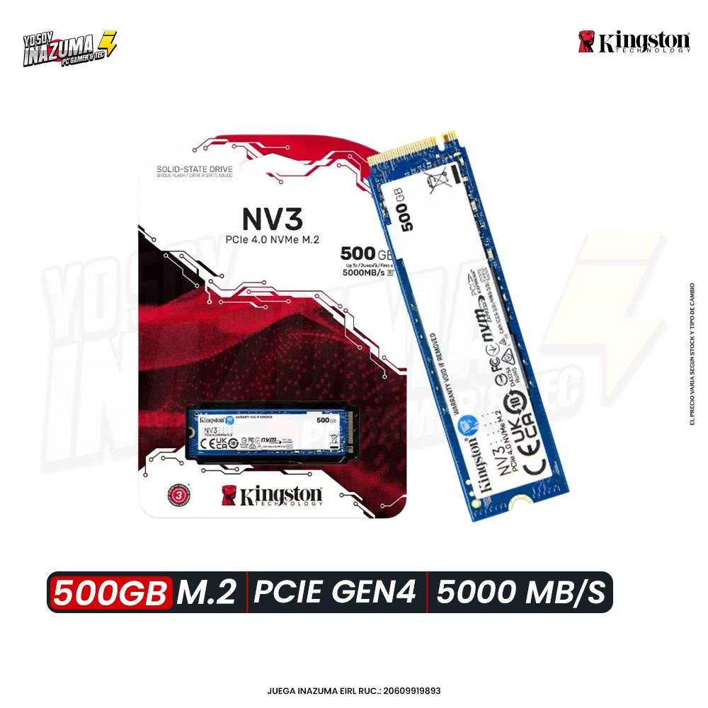 ALMACENAMIENTO KINGSTON NV3, 500GB, M.2, 2280, NVMe PCIe 4.0 x4